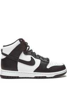 White/black leather/rubber Dunk High sneakers from NIKE featuring signature Swoosh logo detail, contrasting panel detail, round toe, perforated detailing, front lace-up fastening, logo patch at the tongue, ankle-length, pull-tab at the heel, branded insole and rubber sole. These styles are supplied by a premium sneaker marketplace. Stocking only the most sought-after footwear, they source and curate some of the most hard to find sneakers from around the world.. | Nike Dunk High sneakers Nike Dunk High Panda, Nike Dunks High, Animal Print Boots, Nike Shoes Air Force, Nike High Tops, Nike High, Nike T, Nike Dunk High, High Sneakers