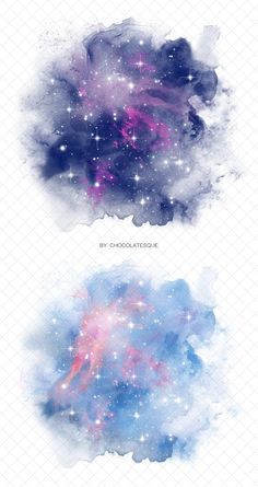 two watercolor photoshopped images of stars and clouds