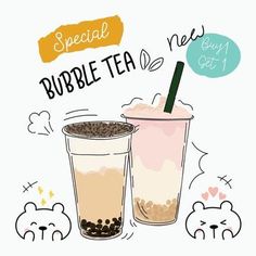 two bubble teas with bubbles and coffee beans on the side, hand drawn illustration