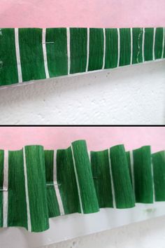 two pictures of green strips of grass on a white wall and one is being cut in half