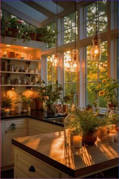 the kitchen is filled with plants and hanging lights