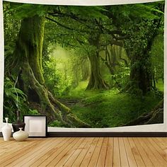 an image of a forest scene with green trees and moss growing on the ground wall mural