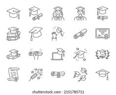 graduation line icon set with graduate cap, diploma scroll and other items that are included in this image