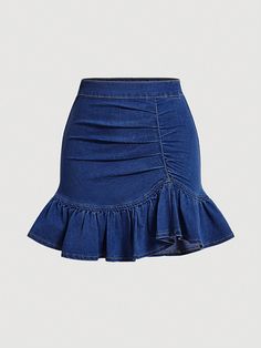 Ruched Ruffle Hem Denim Skirt Dark Wash Casual   Denim Plain A Line Medium Stretch  Women Clothing, size features are:Bust: ,Length: ,Sleeve Length: Rok Mini, Womens Denim Skirts, Chic Dress Classy, Cute Dress Outfits, Denim Skirt Women, Denim Skirts, Body Con Skirt, Shorts Jeans, Cute Skirts