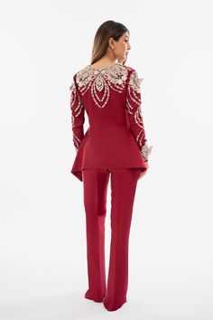 This cherry red self jamawar peplum is adorned with intricate zardoze and cutwork with delicately embellished 3D butteflies. The peplum is paired with rawsilk bootcut pants to complete the look. Cotton Suit Designs, Sania Maskatiya, Marriage Dress, Bollywood Outfits, 2024 Outfits, Fashion Illustration Dresses, Ethnic Outfits, Bootcut Pants, Dressy Dresses