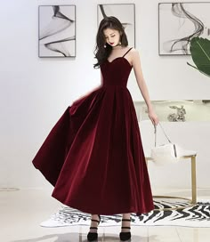 Burgundy Velvet Bridesmaid Dresses Modest, Cocktail Dress High Waist Burgundy, Mid Burgundy Dresses, Vestidos Color Vino, Tea Length Prom Dress, Prom Dress Burgundy, Burgundy Evening Dress, Burgundy Bridesmaid, Burgundy Bridesmaid Dresses