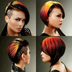 Fire Hair Color Short, Holographic Hair Color, Fire Hair Color, Holographic Hair, Undercut Bob, Fire Hair, Hair Tattoos, Undercut Hairstyles