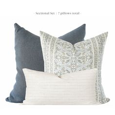 three pillows with different patterns on them and the words, sectional set / pillow total