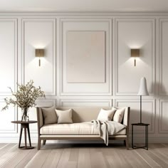 a living room with white walls and wooden floors