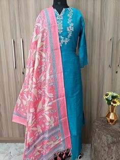 Indian Wedding Wear Salwar Kameez / Indian Ethnic Dress / Plus Size Silk Kurta Dress Traditional Indian Wear / Salwar Kameez Dupatta / Kurti Palazzo Set / Party Wear/ Silk Kurta Set Product Details Turquoise Blue & Pink embroidered Kurta with Trousers with dupatta    *Kurta design:  Floral Embroidered *Straight Shape *Regular Style * 3/4 Sleeves * Calf length straight hem * Silk Blend weave fabric Trousers design: * Solid Trousers *Elasticated waistband *Slip-on closure Material & Care Kurta  fa Spring Bollywood Style Slub Silk Kurta, Traditional Drape Blue Embroidered Palazzo Set, Traditional Blue Palazzo Set For Festive Occasions, Traditional Blue Palazzo Set For Festive Season, Blue Art Silk Palazzo Set For Eid, Blue Dola Silk Palazzo Set With Straight Kurta, Festive Blue Slub Silk Salwar Kameez, Blue Slub Silk Anarkali Set, Designer Blue Dola Silk Palazzo Set