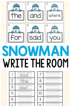 snowman write the room printable worksheet for kids to practice their writing skills