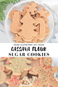 a plate full of cut out sugar cookies with the words cassava flour on top