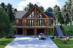 a car is parked in front of a house with two garages on the second floor