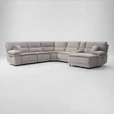 Modern style includes reclining that doesn’t look like reclining—like our Brookdale 6-Piece Dual-Power Reclining Sectional With Chaise. Adjustable headrest and footrest, cozy deep seats and lots of cushions and pillows—it doesn’t get any comfier. | Brookdale 6-Piece Dual-Power Reclining Sectional with Right-Facing Chaise and 2 Reclining Seats in Ivory | by Value City Furniture Reclining Sectional With Chaise, Comfortable Sectional Sofa, Sectional With Chaise, Long Sofa, American Signature Furniture, Value City Furniture, Twin Mattress, Types Of Furniture, City Furniture