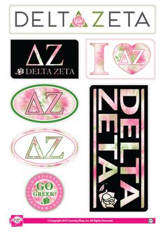 some stickers and decals are shown in pink, green, and black colors