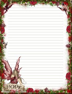 a blank paper with roses and a fairy on the front, in red tones is shown