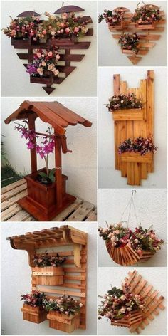 several pictures of different wooden structures with flowers on them