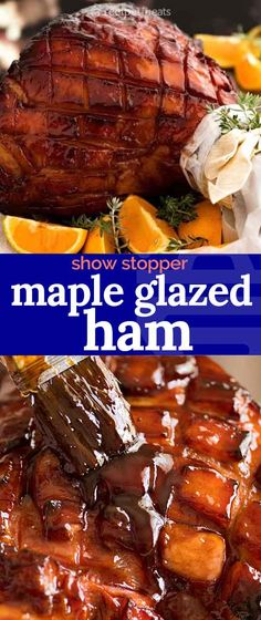 two pictures with the words maple glazed ham on them