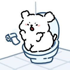 a white teddy bear sitting on top of a toilet in a bathroom next to a roll of toilet paper