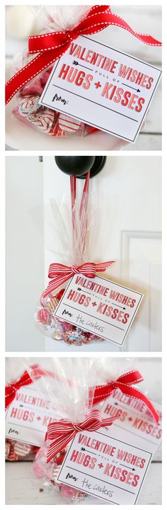 valentine's day candy bar wrapped in cellophane and tied with red ribbon