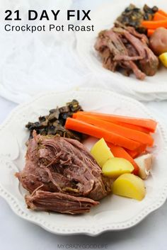 two white plates topped with meat and veggies