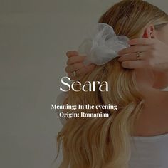 a woman with long blonde hair wearing a white bow in her hair and text reading scara meaning in the evening origin roman