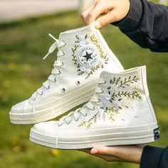 Custom Embroidered Wedding Sneaker, White Flowers Embroidered Converse for Bride, Embroidered Wedding Reception Shoes, Wedding Gifts Wedding Reception Sneakers, White Embroidered Closed Toe Wedding Shoes, Embroidered Round Toe Wedding Shoes, Spring Wedding Sneakers With Round Toe, Spring Wedding Embroidered Sneakers, Wedding Low-top Sneakers With Floral Embroidery, White High-top Sneakers With Floral Embroidery, White Embroidered Lace-up Sneakers, White Lace-up Sneakers With Appliques