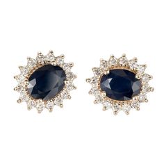 Classic 1960s deep blue oval Sapphire Diamond halo stud earrings in 14k yellow gold with bright sparkly full cut Diamonds. GIA certified natural Sapphire simple heat only. 14k yellow gold 2 oval blue Sapphires, approx. total weight 4.50cts, simple heat only, GIA certificate #2185876817 32 round Diamonds, approx. total weight 1.00cts, H, SI1 Top to bottom: 15mm or .59 inch Width: 13.72mm or .54 inch Depth: 6.35mm 6.0 grams Tested and stamped: 14k Buy Earrings Online, Lion Earrings, Halo Diamond Earrings, Buy Earrings, Halo Earrings, Diamond Dangle Earrings, Halo Earrings Studs, Blue Sapphire Diamond, Earrings Diamond