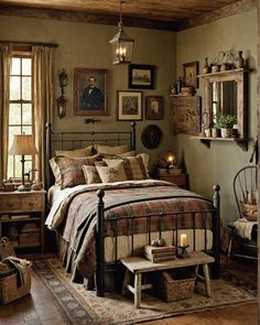 a bed room with a neatly made bed and lots of pictures hanging on the wall