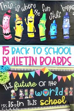 bulletin board with colorful school supplies on it