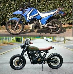 two pictures of motorcycles side by side on the same street, one is green and the other is blue