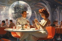 a man and woman sitting at a table in front of a crystal ball