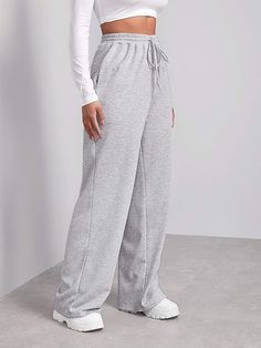 Sweatpants Shein, Long Sweatpants, High Waisted Sweatpants, Shein Brasil, Baggy Sweatpants, Drawstring Sweatpants, Fashion Top Outfits, Wide Leg Sweatpants, Tomboy Fashion