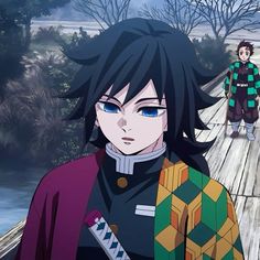 two anime characters walking across a wooden bridge