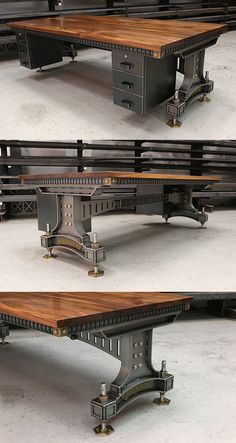 three different views of an old desk with metal legs and wood top, all in various angles