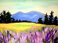 a painting of purple flowers and mountains in the background