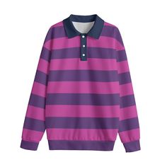 Free shipping worldwide. Pink and purple striped sweater (AKA jumper) with three buttons and a dark blue lapel collar. This sweater resembles a rugby shirt, but it is more thick and warm than a typical rugby shirt. Fabric is machine made, but has a knitted texture. ● Fabric: 100% polyester ● Regular fit ● Lapel collar; sweater ● Fabric Weight: 300g/m² ● Care Instruction: machine wash cold with similar colors, do not bleach, tumble dry low, do not iron, do not dry clean. ● Notice:a variety of fac Striped Long Sleeve Polo Sweater With Ribbed Collar, Purple Striped Sweater, Rugby Sweater Women, Striped Long Sleeve Polo Sweater, Pink Rugby Shirt, Purple Stripes Sweater, Rugby Stripe, Purple And Pink Striped Sweater, Rugby Fashion