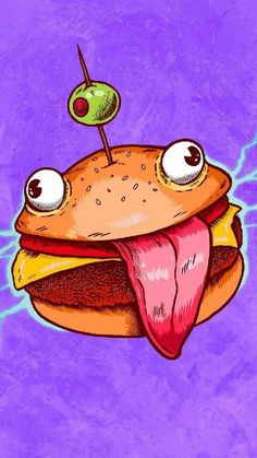 a drawing of a hamburger with eyes and tongue sticking out