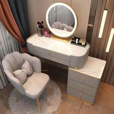 a bedroom with a vanity, chair and teddy bear