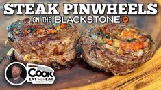 steak pinwheels on the blackstone with cook eat repeat logo overlayed