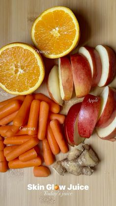 sliced apples, carrots, and oranges on a cutting board with the words skin glow juice