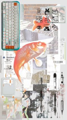 a collage of various images with fish and writing utensils on them, including an image of a keyboard