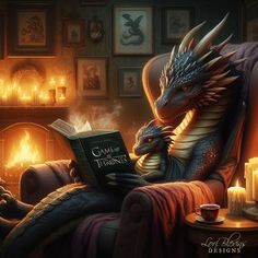 a dragon is reading a book while sitting in a chair next to a fire place