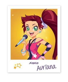 a cartoon character holding a microphone in her right hand, with the caption'xoxo aurora '