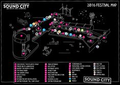 the sound city festival map is shown on a black background with white writing and colorful lights