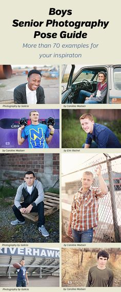 Senior Boys Photography Pose Guide - photo ideas and poses you can use for photographing senior guys. 70 different examples shown. Senior Boys Photography, Pose Guide, Boys Photography, Trendy Photography