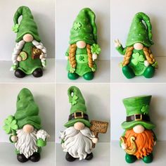 six pictures of green gnomes with hats and tails