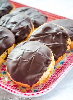 chocolate covered cookies are on a red and white plate