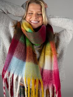 Cuddle Up Cozy Scarf - Rainbow – Natural Life How To Wear A Blanket Scarf, Scarf Colors, October Fashion, Boho Blanket, Rainbow Blanket, Woman Sweater, Cozy Scarf, Plaid Blanket, Fall Scarves