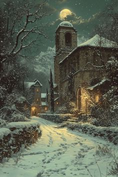 a painting of a snowy night with a church in the foreground and trees on either side